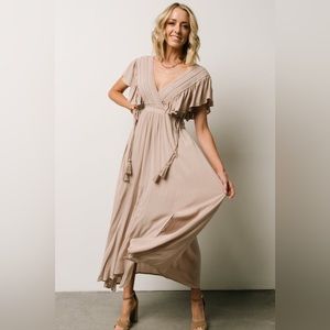 Baltic Born Jennifer Deep V Maxi Dress Tassel Waist Tan/Beige